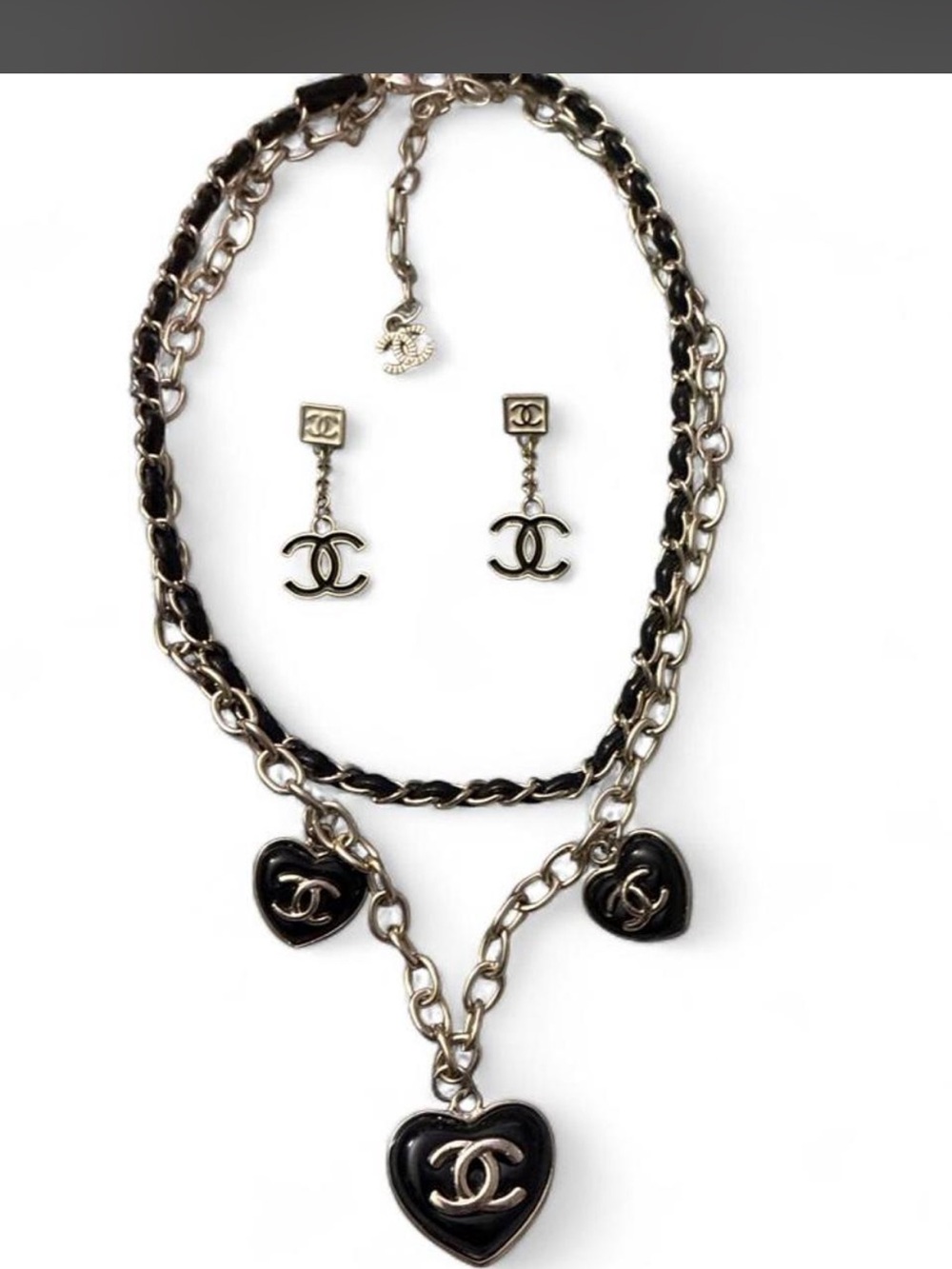 CHANEL Black and Silver Heart Charm Necklace with CC Drop Earrings Set